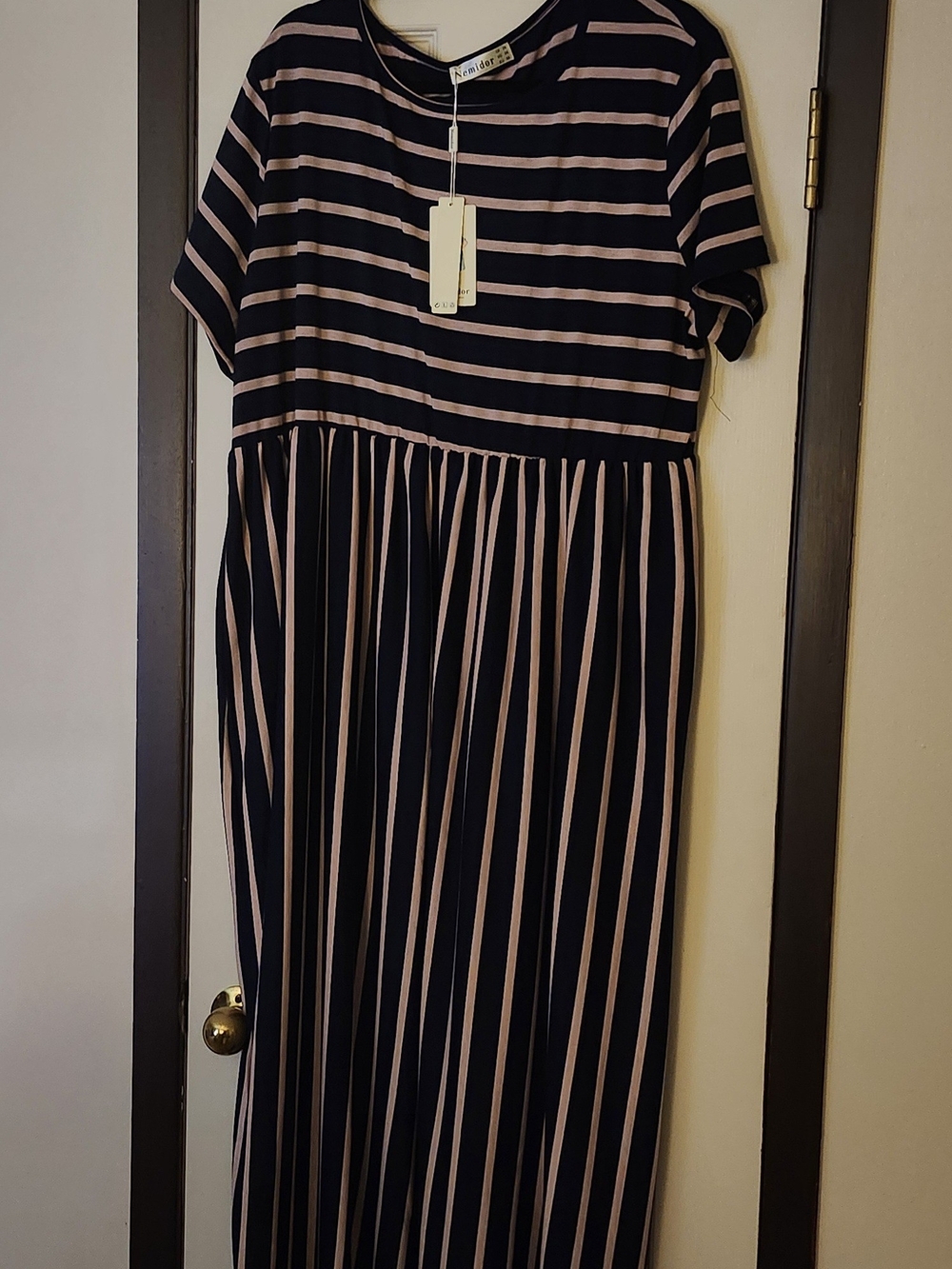 Womens Striped Navy and Blush Pink Short-Sleeve Maxi Dress - 3x